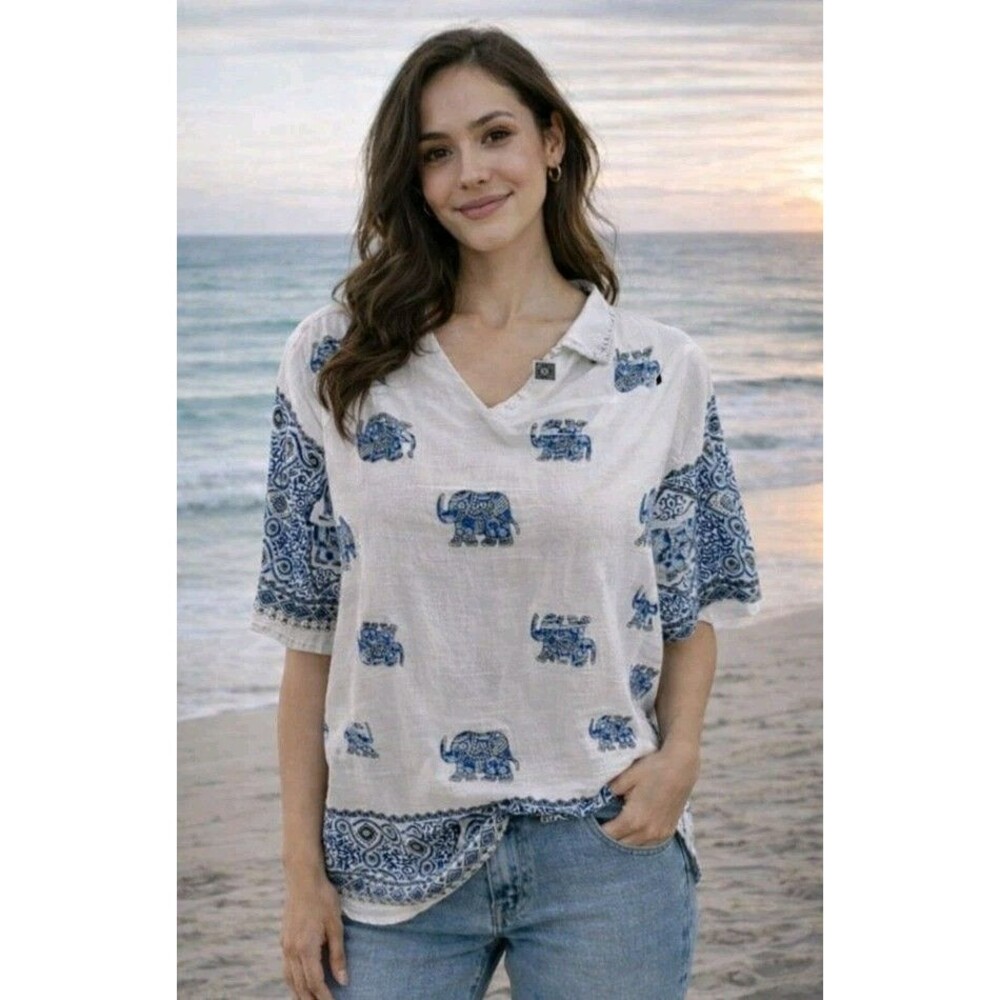 Women's Blouse Elephant Print White Blue Short Sleeve Cotton